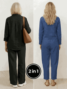 Two women wearing breathable Casual Chic Duo cotton and linen two-piece sets standing outdoors