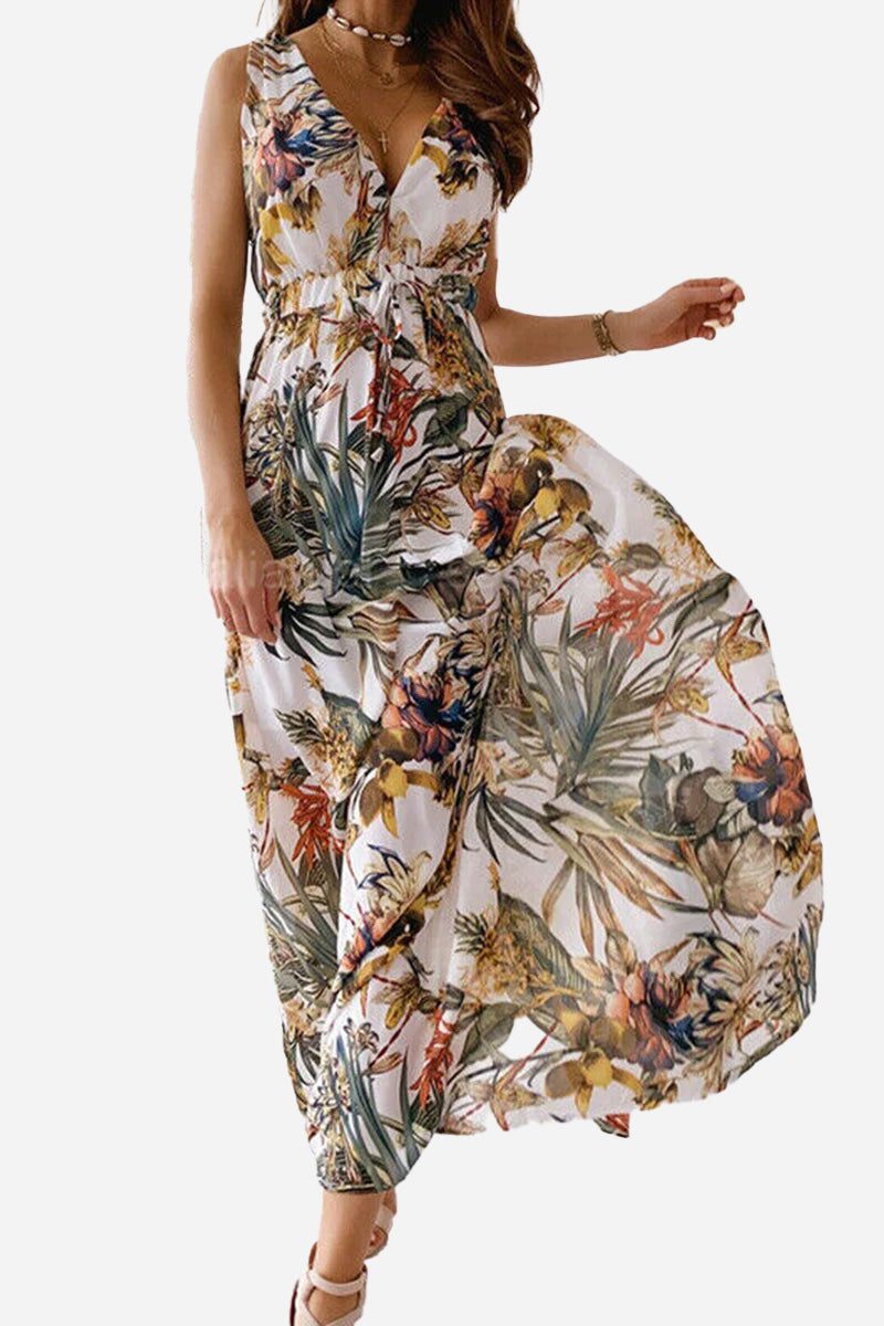 Woman wearing a flowy casual sleeveless dress with a vibrant floral print, ideal for summer outings