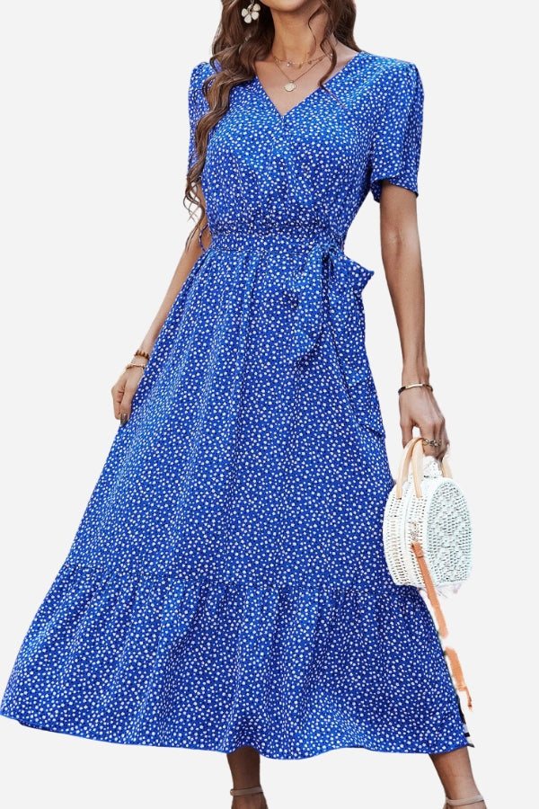 Blue Charming Floral Boho Maxi Dress with V-neck, belted waist, short sleeves, and ruffled hem