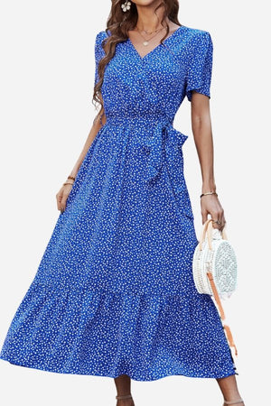 Blue Charming Floral Boho Maxi Dress with V-neck, belted waist, short sleeves, and ruffled hem
