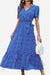 Blue Charming Floral Boho Maxi Dress with V-neck, belted waist, short sleeves, and ruffled hem