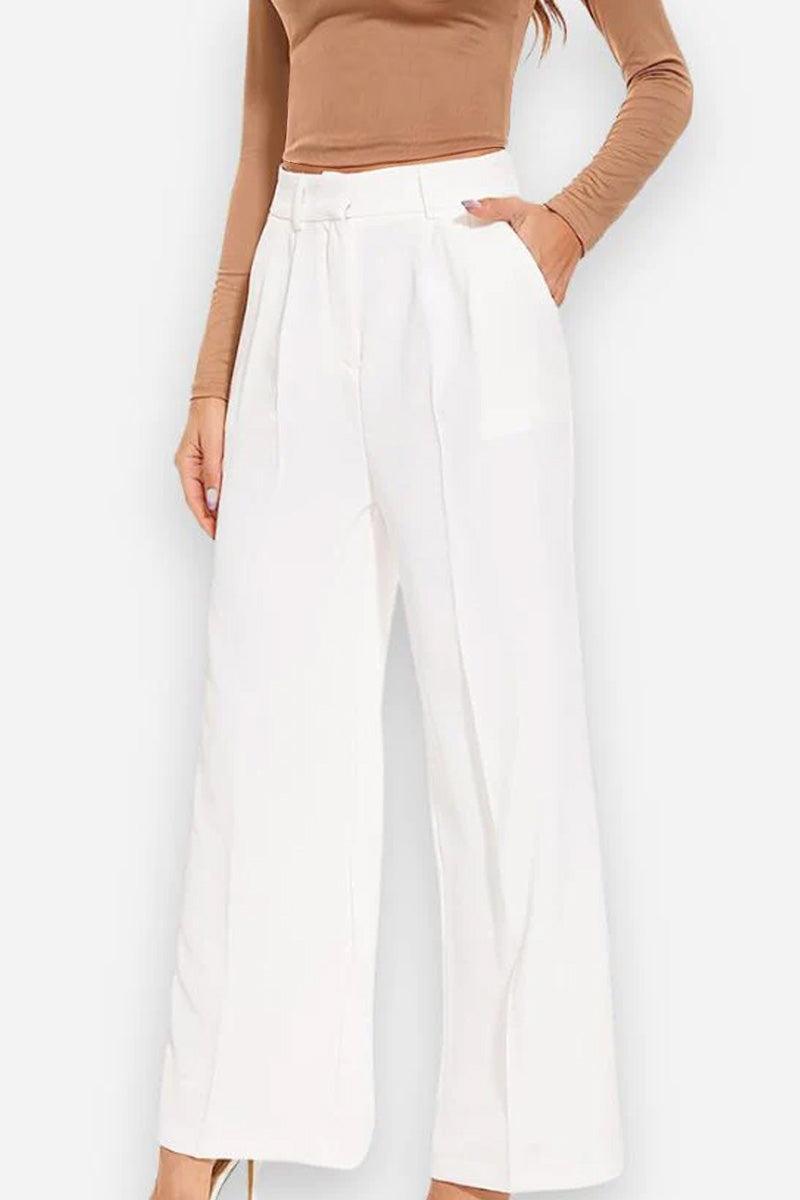 White Classically Vogue Business Trousers with high waist and slim tailored fit for women.