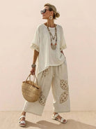 Coastal Comfort Linen two-piece set with lace details and breathable fabric