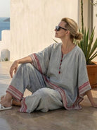 Coastal Comfort Linen two-piece set with lace details and breathable fabric on model