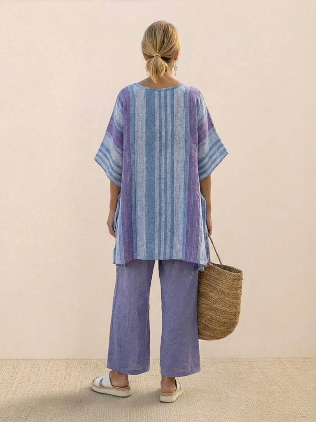 Coastal Comfort Linen two-piece linen set with lace crochet details and wide-leg pants