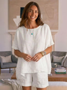 Comfy linen-like shirt and shorts two-piece set for casual and versatile summer wear