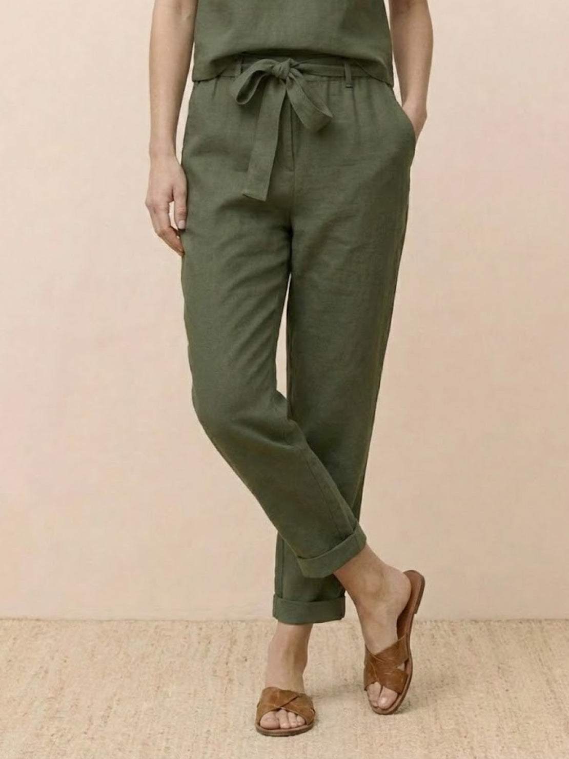 Women wearing a soft, breathable cotton-linen blend monochrome two-piece set with relaxed fit and natural drape