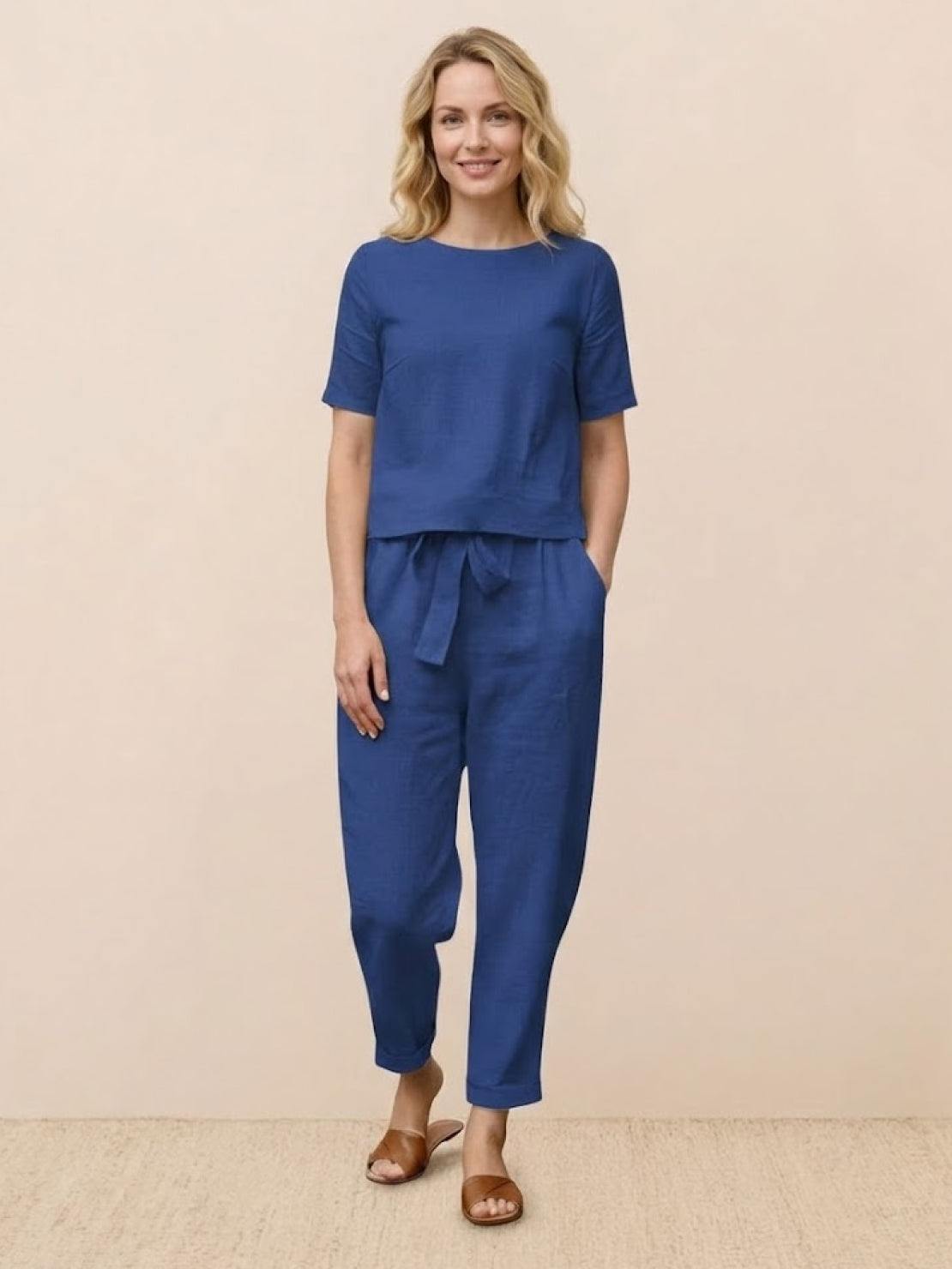 Cotton-linen blend monochrome two-piece set with breathable, soft fabric and relaxed fit