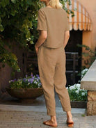 Straight-leg cotton linen monochrome pants with adjustable drawstring waist and natural texture