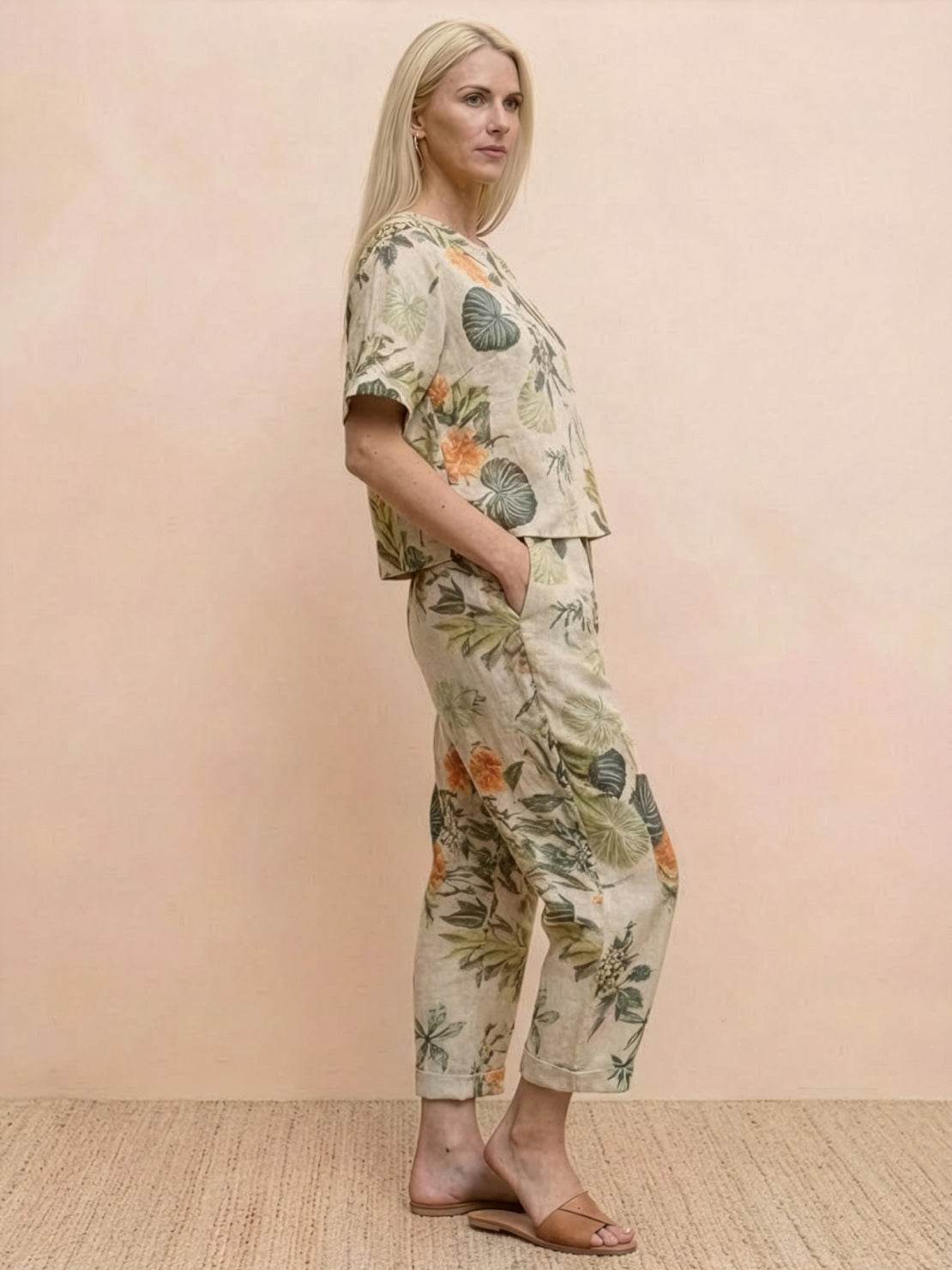 Cotton-linen blend monochrome two-piece set with breathable, soft fabric and relaxed fit.