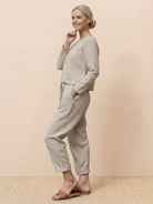 Cotton-linen monochrome relaxed longline top and wide-leg pants set in neutral tones