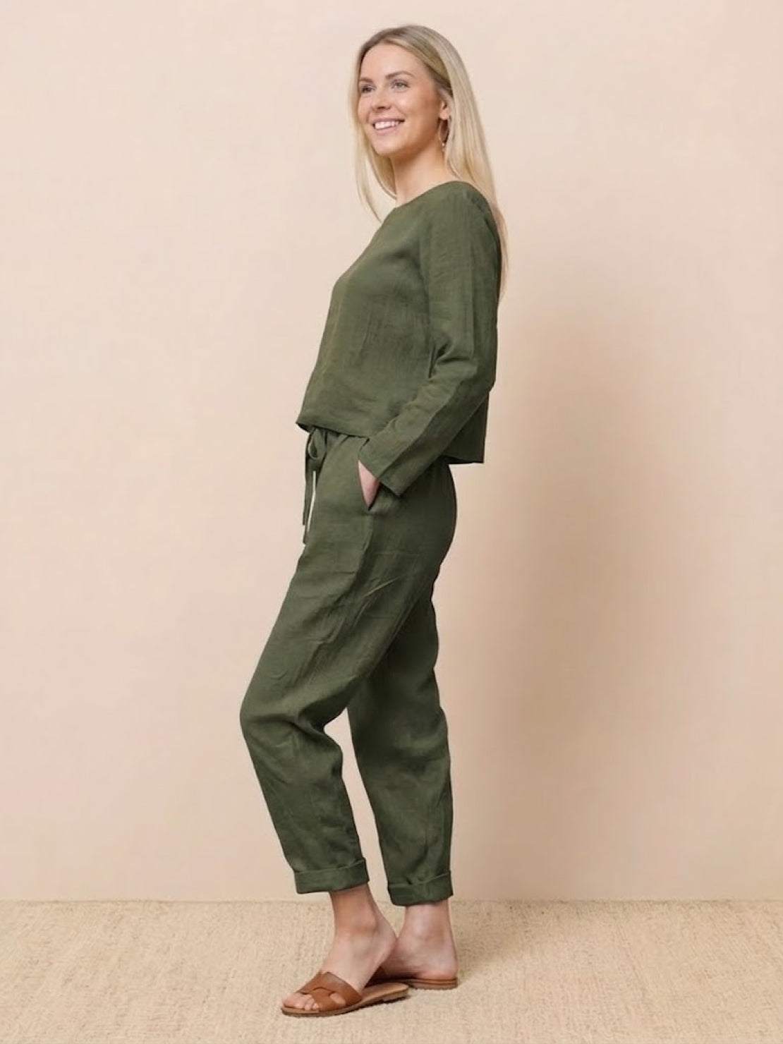 Cotton-linen monochrome relaxed longline top and wide-leg pants set in neutral tones