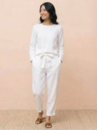 Cotton-linen monochrome relaxed longline top and wide-leg pants set in neutral tones