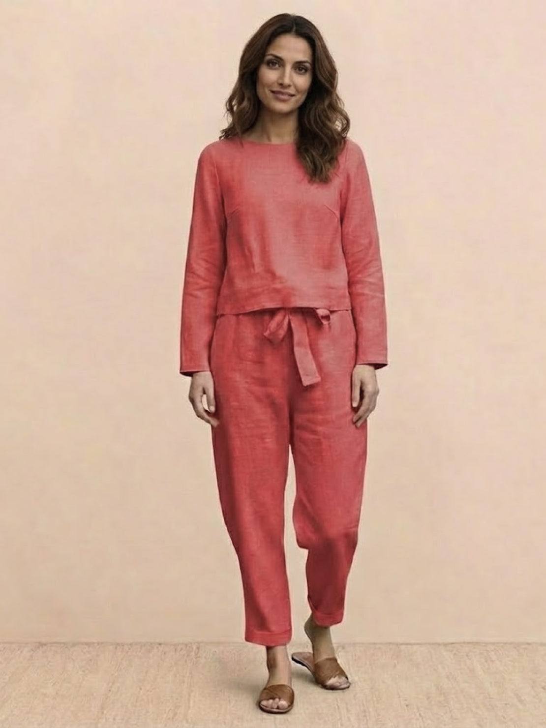 Cotton-linen monochrome capsule outfit with relaxed longline top and wide-leg pants in soft neutral tones