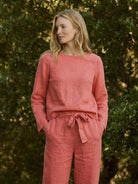 Woman wearing Cotton-Linen Monochrome relaxed longline top and wide-leg pants set in neutral tones