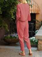 Cotton-linen monochrome longline top and wide-leg pants set with relaxed fit and natural crumple texture