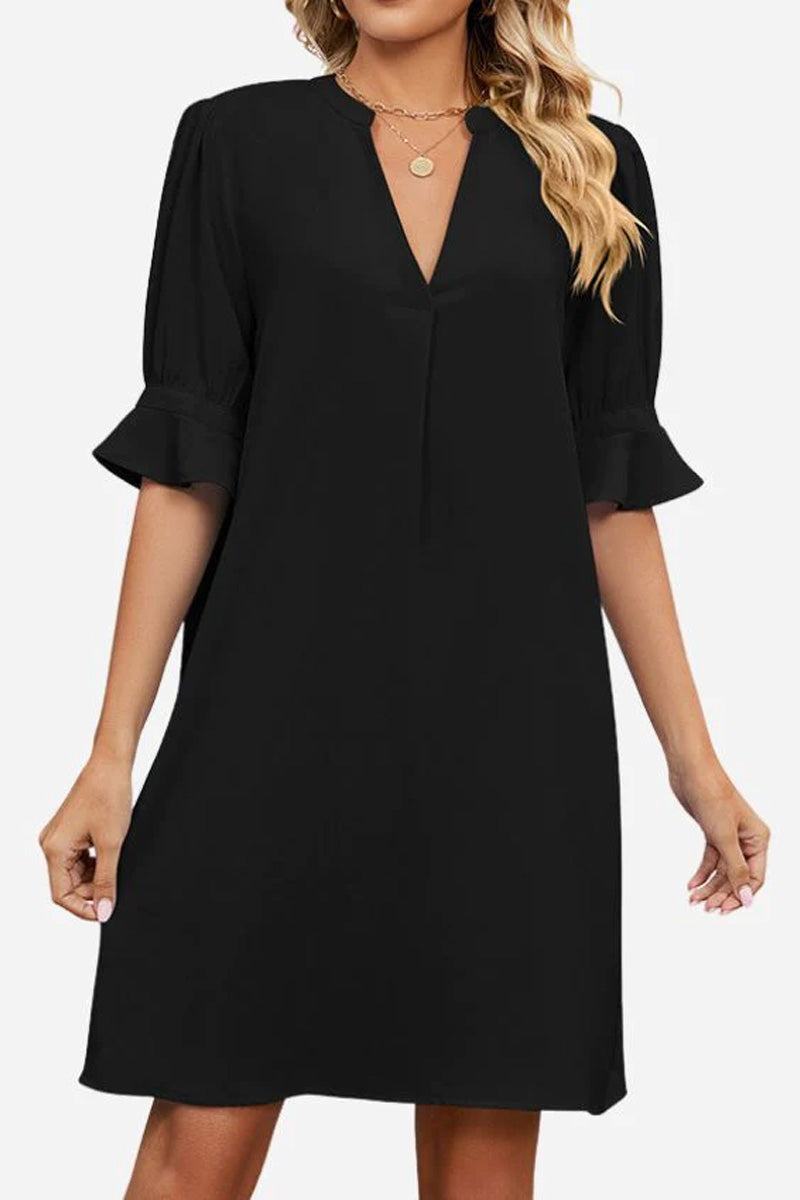 Black Dainty Charm Casual Ruffle Dress with ruffled V-neck and short sleeves, made from breathable polyester.