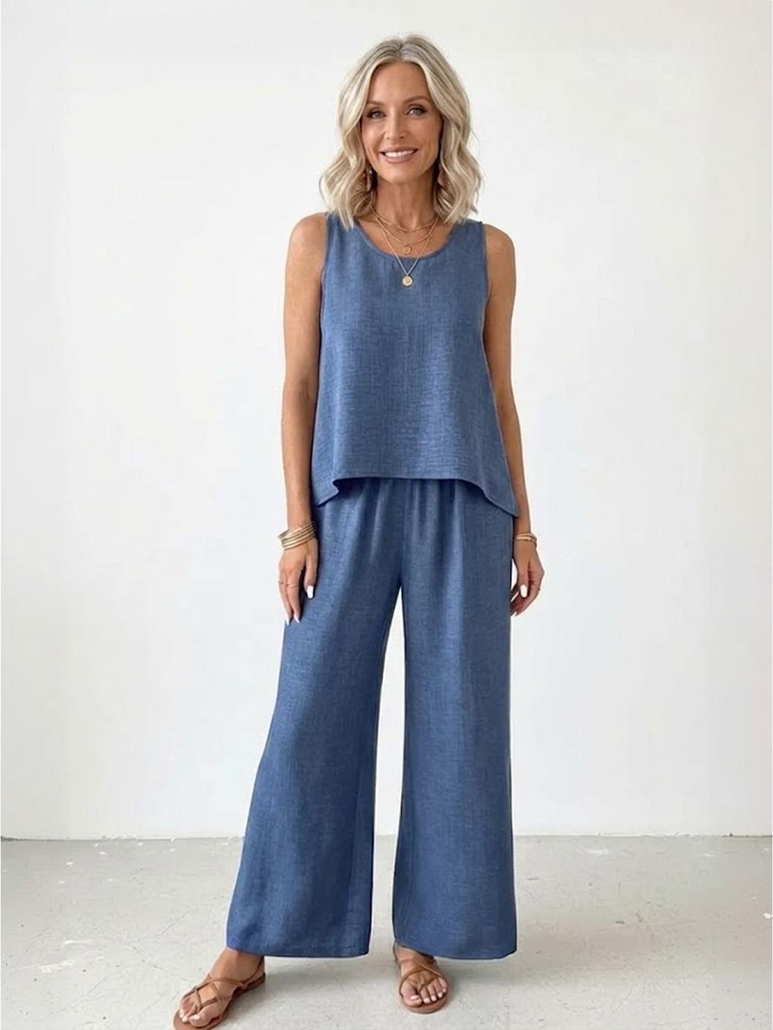 Dreamcatcher Crochet-Back two-piece set with asymmetric top and wide-leg palazzo pants in linen-look fabric