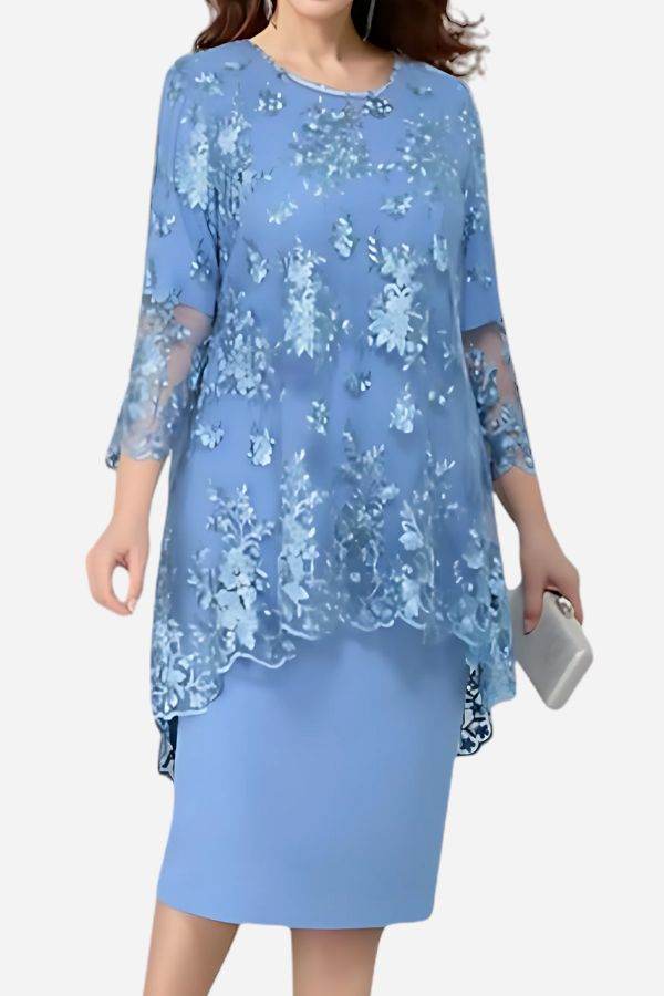 Elegant two-piece evening dress with delicate lace embroidered details in soft blue, featuring a flowing high-low hem and comfortable fit.