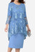 Elegant two-piece evening dress with delicate lace embroidered details in soft blue, featuring a flowing high-low hem and comfortable fit.