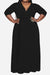 Plus size black belted dress with deep V-neck and 3/4 sleeves for a flattering fit