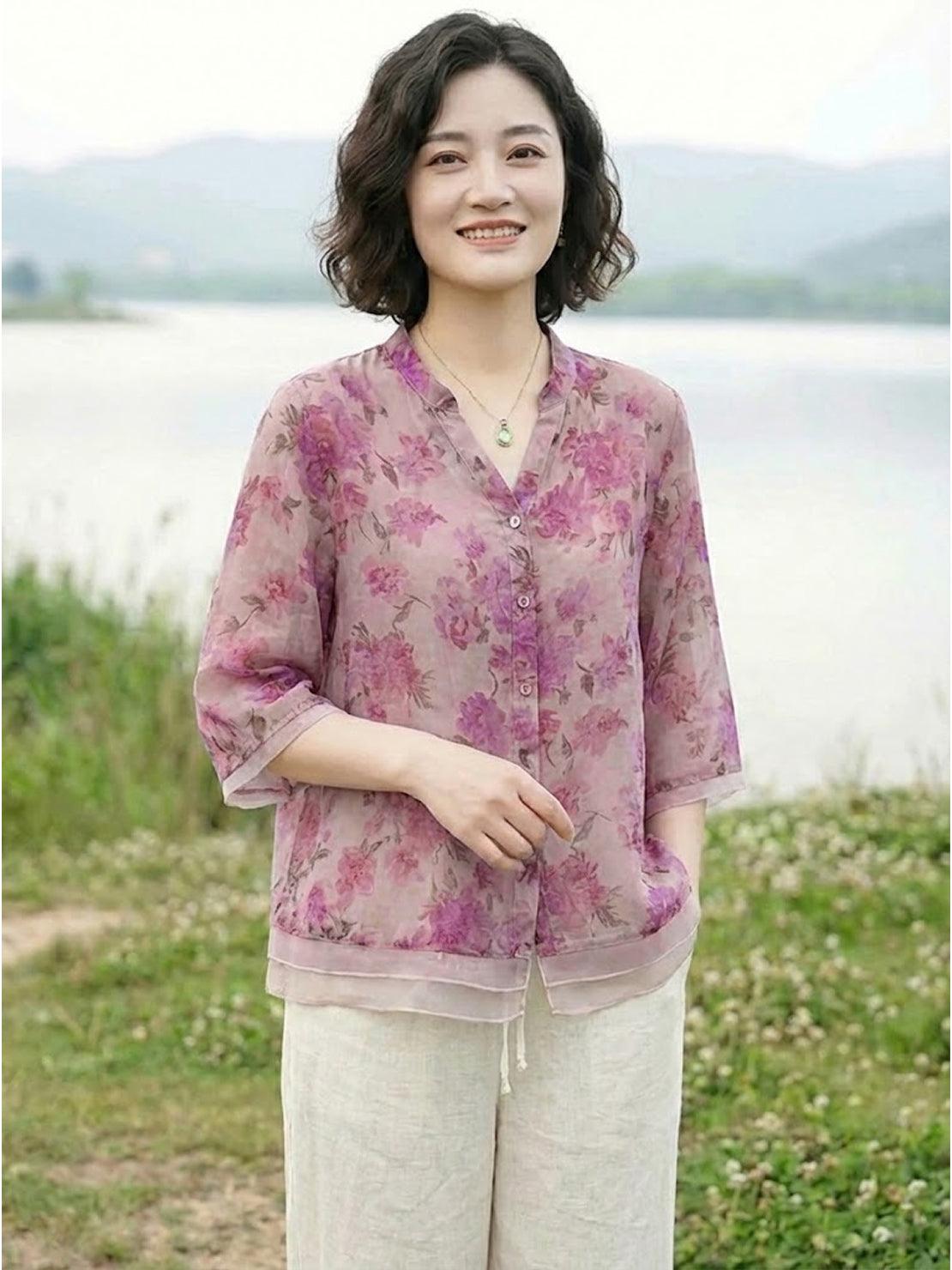 French Boutique Style elegant organza floral print blouse on mannequin