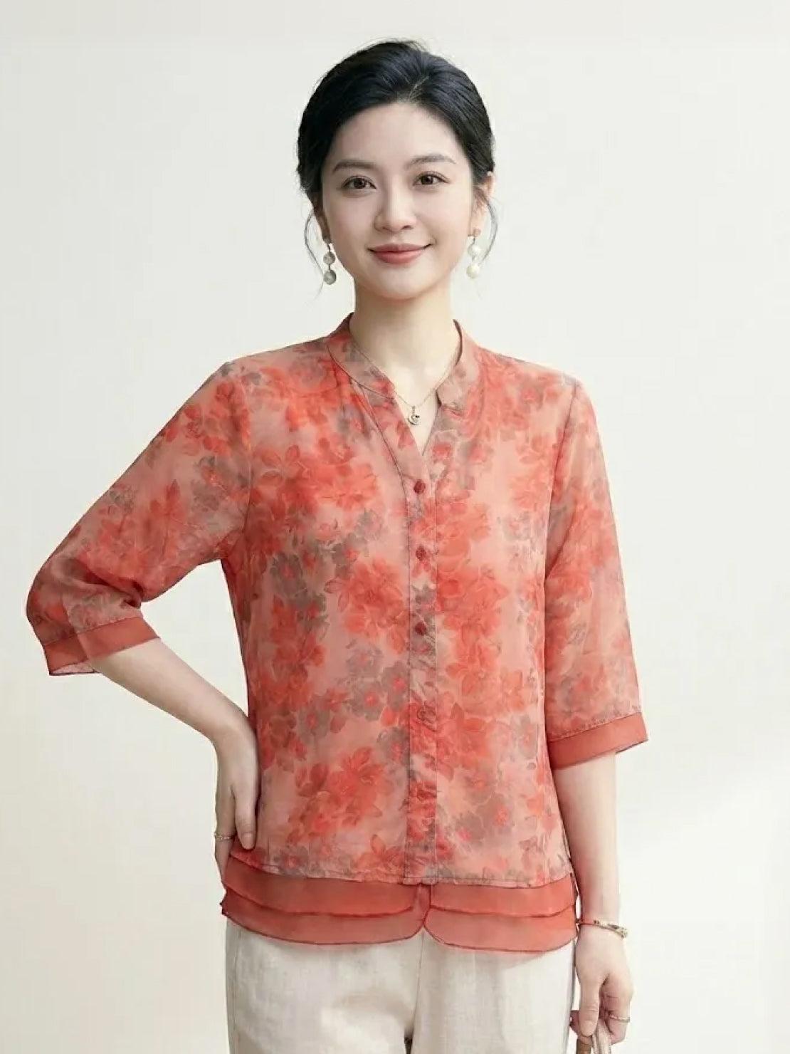 French boutique style organza floral print blouse with lightweight luxury fabric