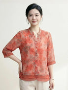 French boutique style organza floral print blouse with lightweight luxury fabric