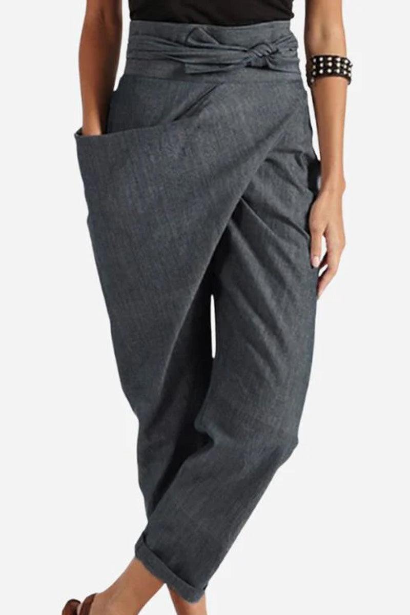 High-waist wrapped gray comfy pants with loose fit and side pocket, breathable stretch fabric for all-day comfort and casual style