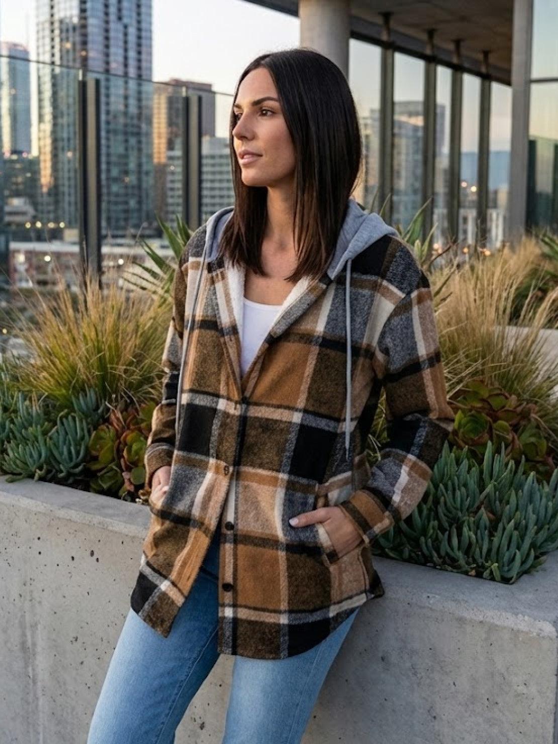 Highland Plaid Shacket with soft fleece lining and hooded relaxed fit in classic plaid pattern