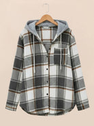 Highland Plaid Shacket with relaxed fit, fleece lining, attached hood, and button-front closure in classic plaid pattern