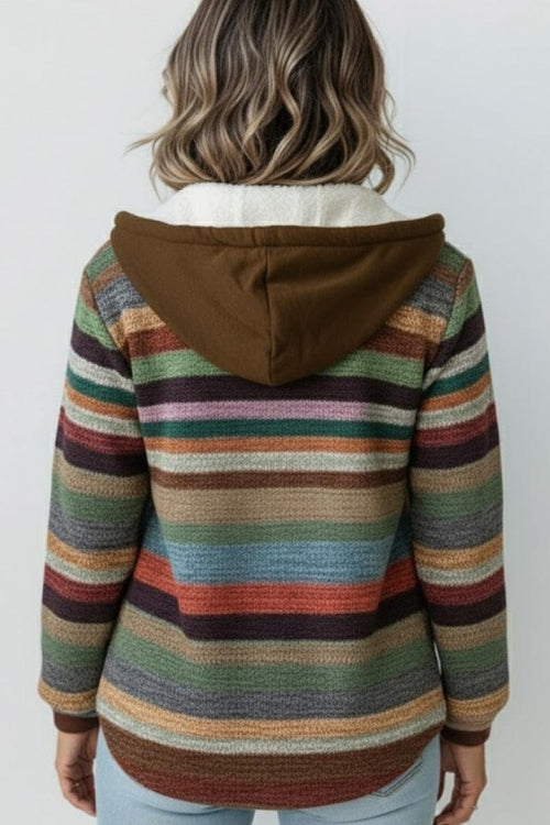 Back view of Highland Plaid Shacket with multicolor stripes and brown hood on woman