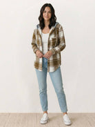 Highland Plaid Shacket cozy fleece-lined plaid overshirt with hood and button closure