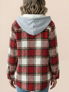 Woman wearing Highland Plaid Shacket with hood and button-front closure