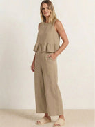Two-piece linen-like feel set in soft, breathable fabric for travel and comfort