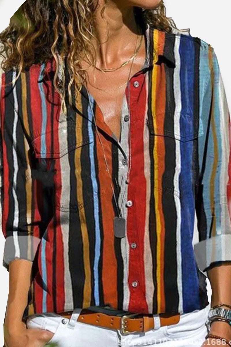 Long-sleeved casual printed loose shirt with multicolor vertical stripes on a relaxed fit polyester fabric