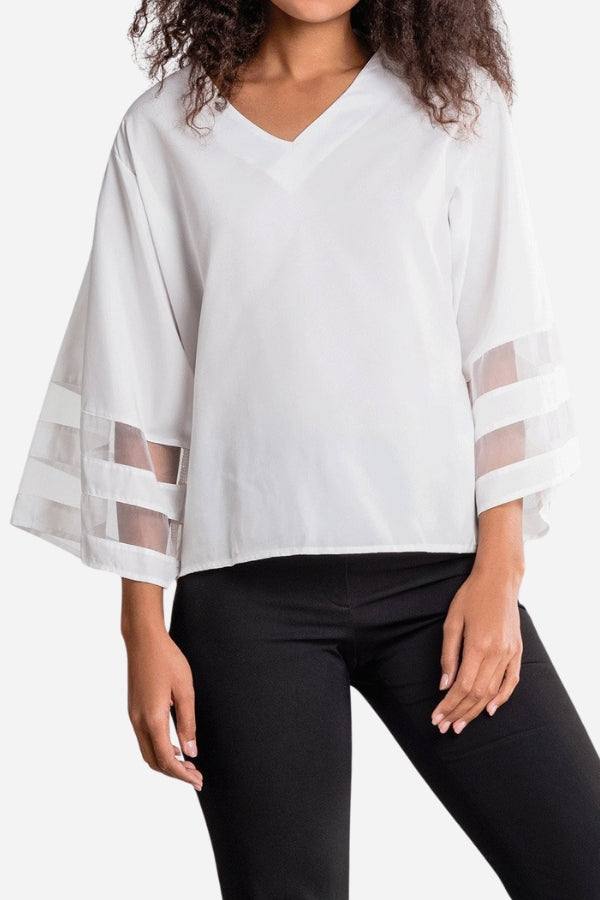 White mesh panel sleeve loose fit top with 3/4 bell sleeves and V neckline.