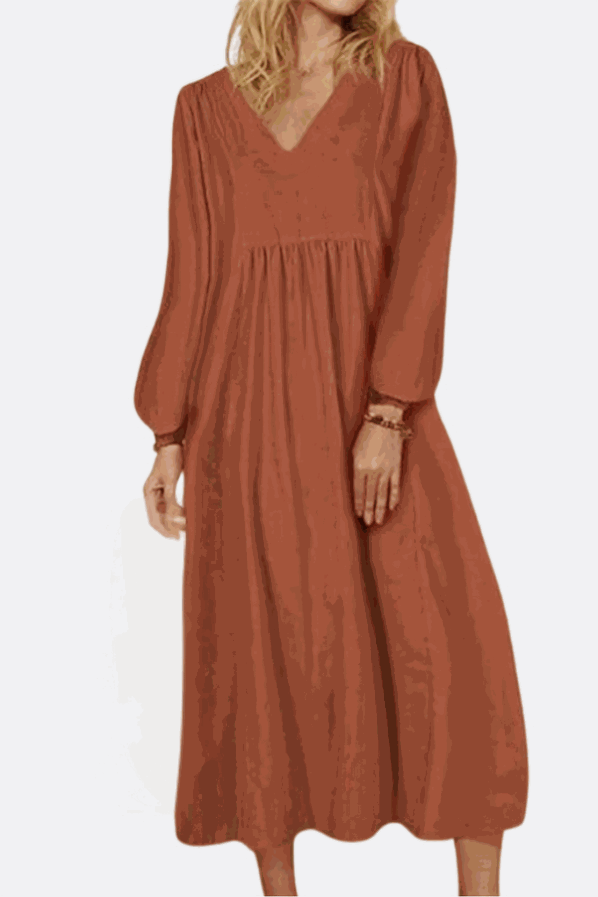 Midi long sleeve spring dress in rust color with V-neck and loose comfortable fit