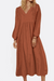 Midi long sleeve spring dress in rust color with V-neck and loose comfortable fit