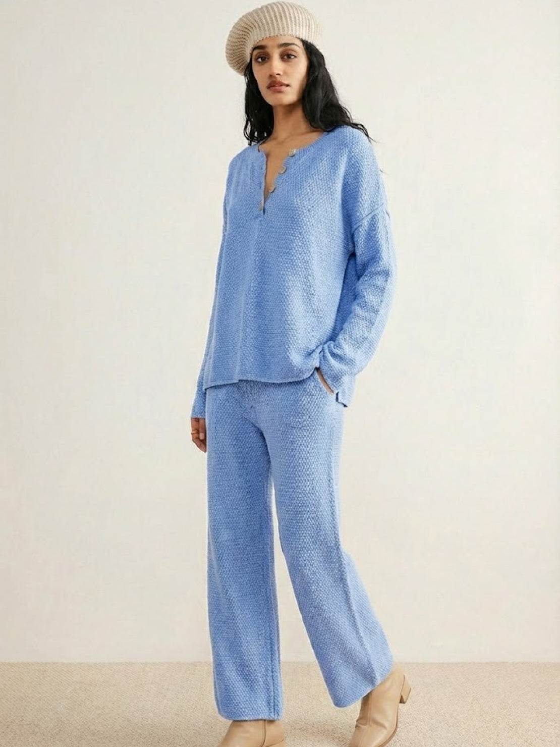 Two-piece oversized set showcasing multi-weather comfort with relaxed fit and wrinkle-resistant fabric