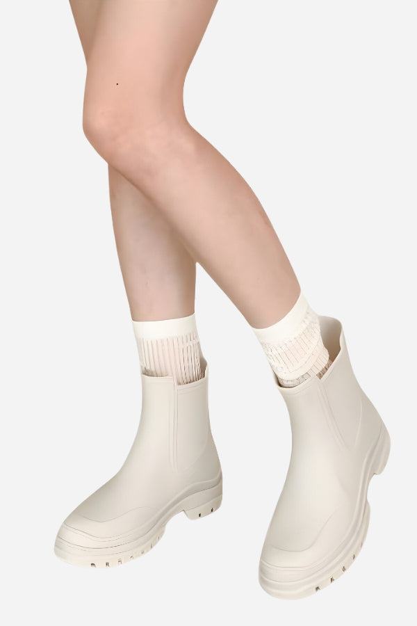 White non-slip rain boots with SuperGrip soles worn with white socks on model legs against a white background