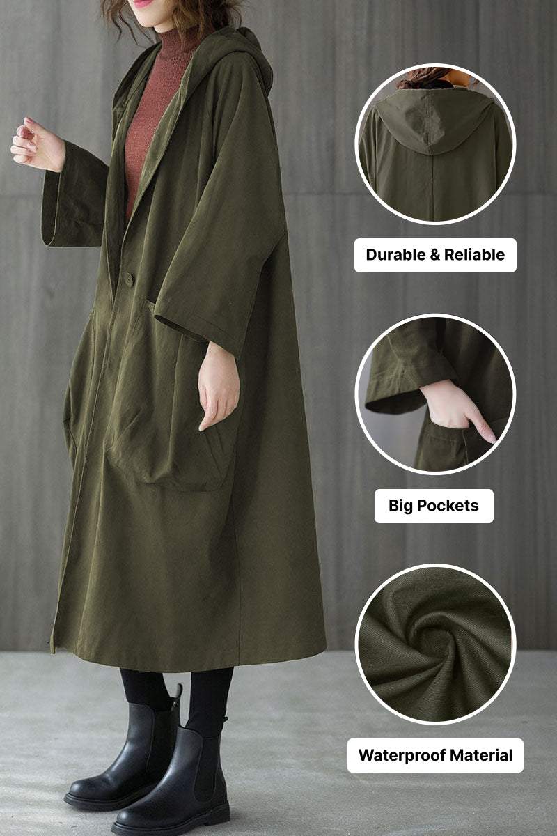 One-size oversized Heritage Windbreaker Jacket in olive green with hood, large pockets, and waterproof polyester material.