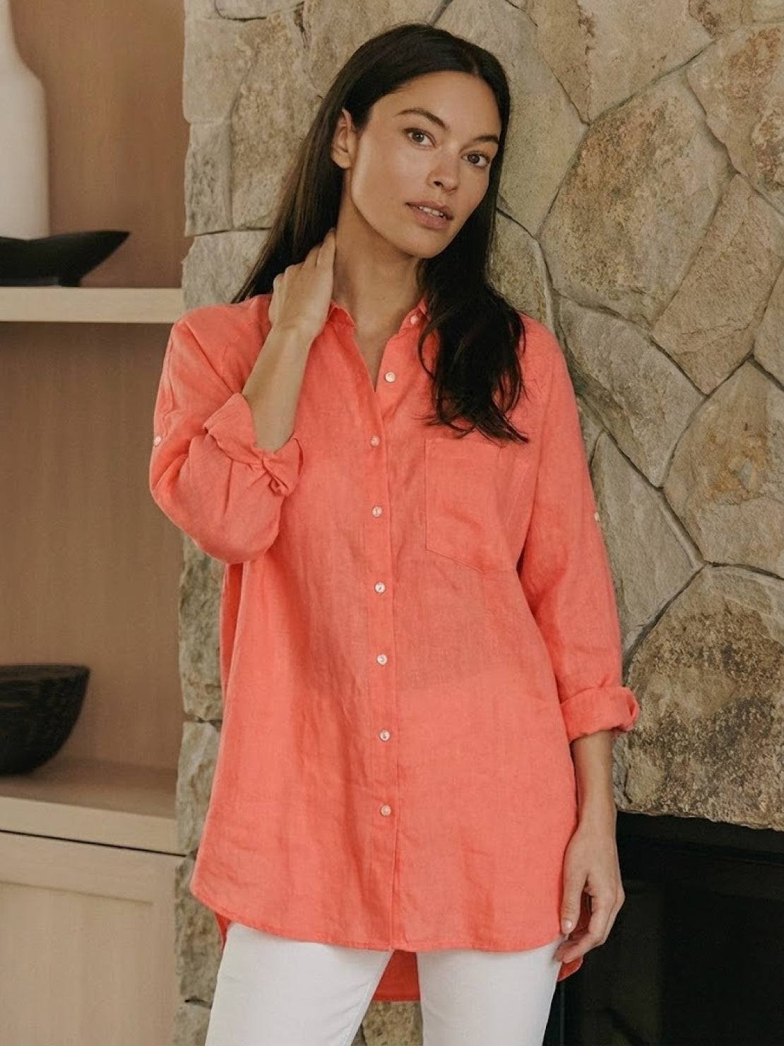Oversized linen shirt in breathable cotton-linen blend with relaxed fit and button back detail
