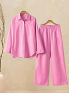 Oversized 100 cotton shirt and wide-leg pants co-ord set in pink breathable fabric