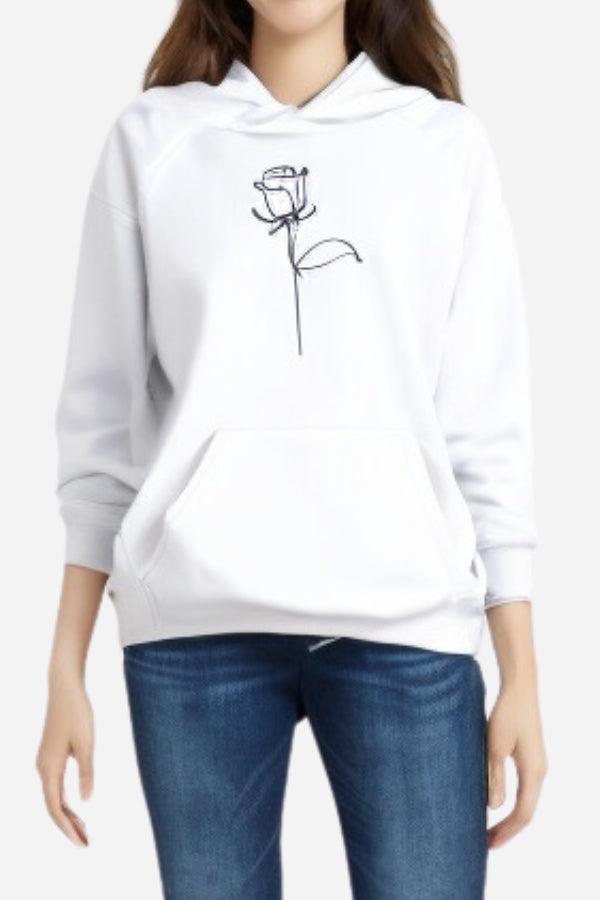White oversized hoodie with minimalist black graffiti rose design, loose fit, and long sleeves for cozy style
