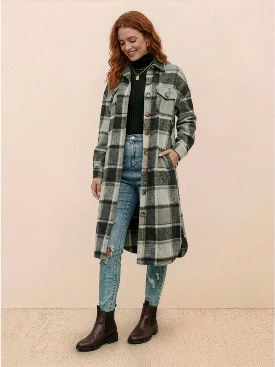 Oversized medium-length blue plaid wool-blend overshirt with relaxed fit and functional pockets