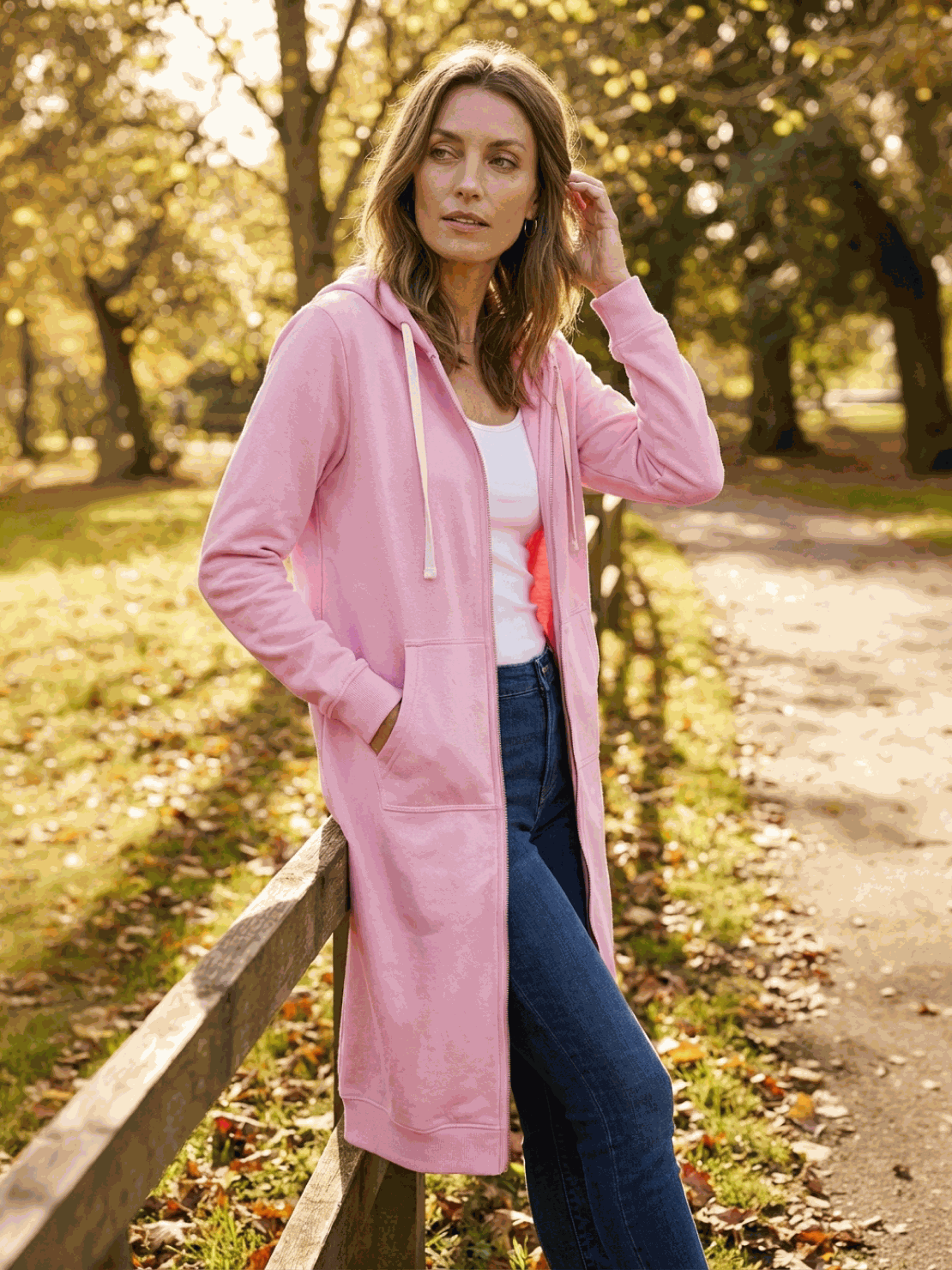 Oversized long zip sweatshirt hoodie with fleece lining and drawstring hood for casual layering