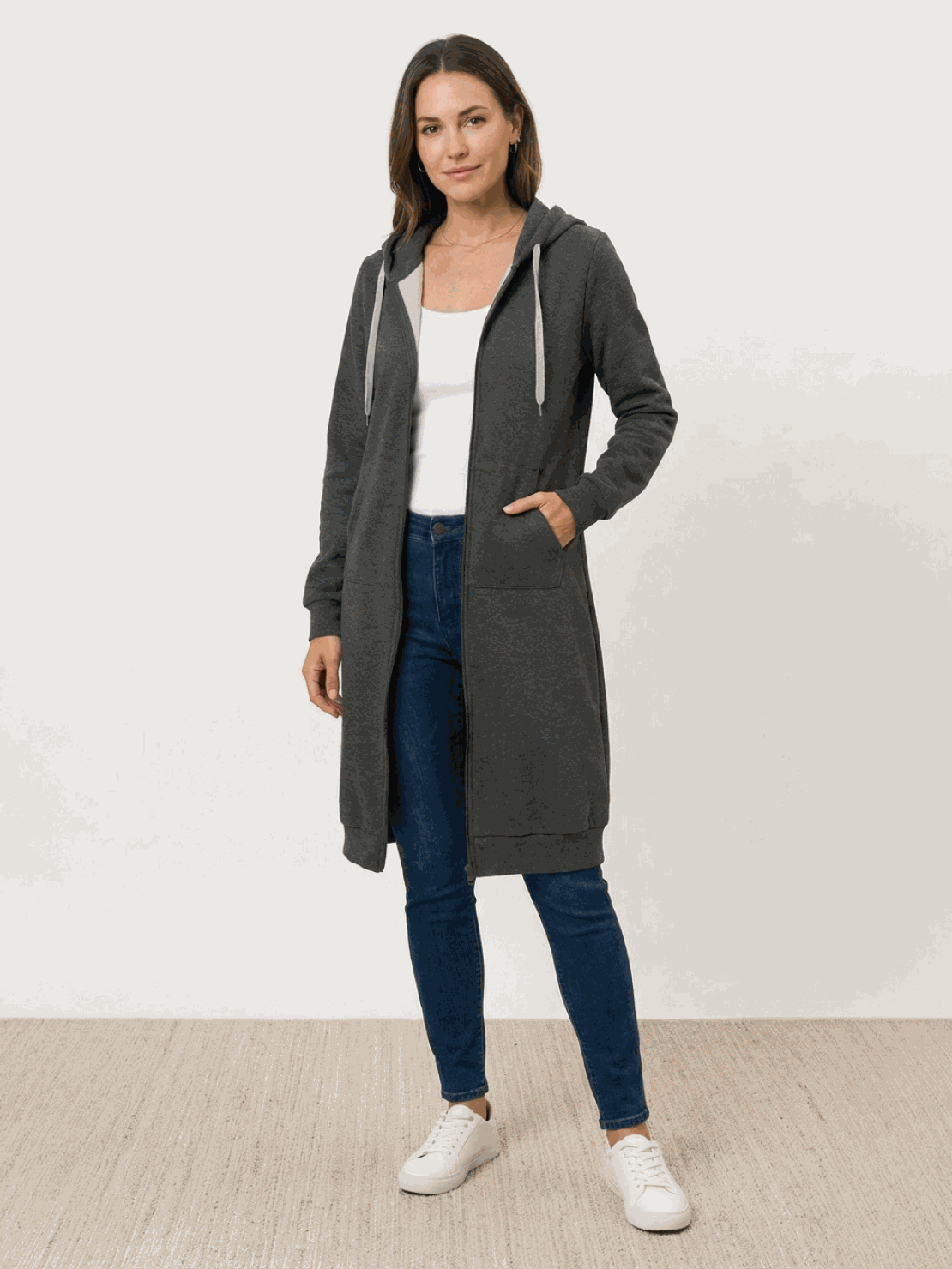 Oversized long zip sweatshirt hoodie with fleece lining and drawstring hood in solid colors