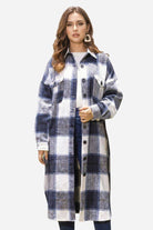 Oversized medium-length blue plaid wool-blend overshirt jacket with relaxed fit and button closure
