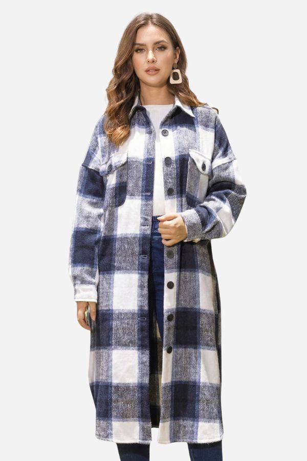 Oversized medium-length blue plaid wool-blend overshirt jacket with relaxed fit and button closure